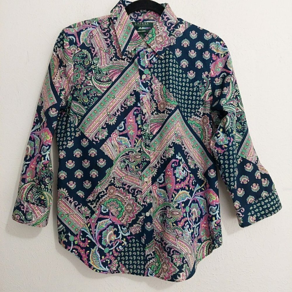 Lauren Ralph Lauren No Iron Shirt  Size PL Blue Paisley Tapestry Print Button Up